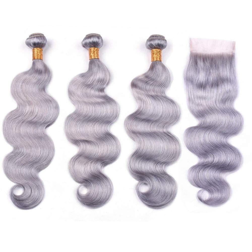 Gray 10A Grade Silver #1B/ Silver 3/4 Body Wave BUNDLES with CLOSURES