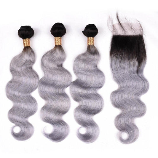 Gray 10A Grade Silver #1B/ Silver 3/4 Body Wave BUNDLES with CLOSURES