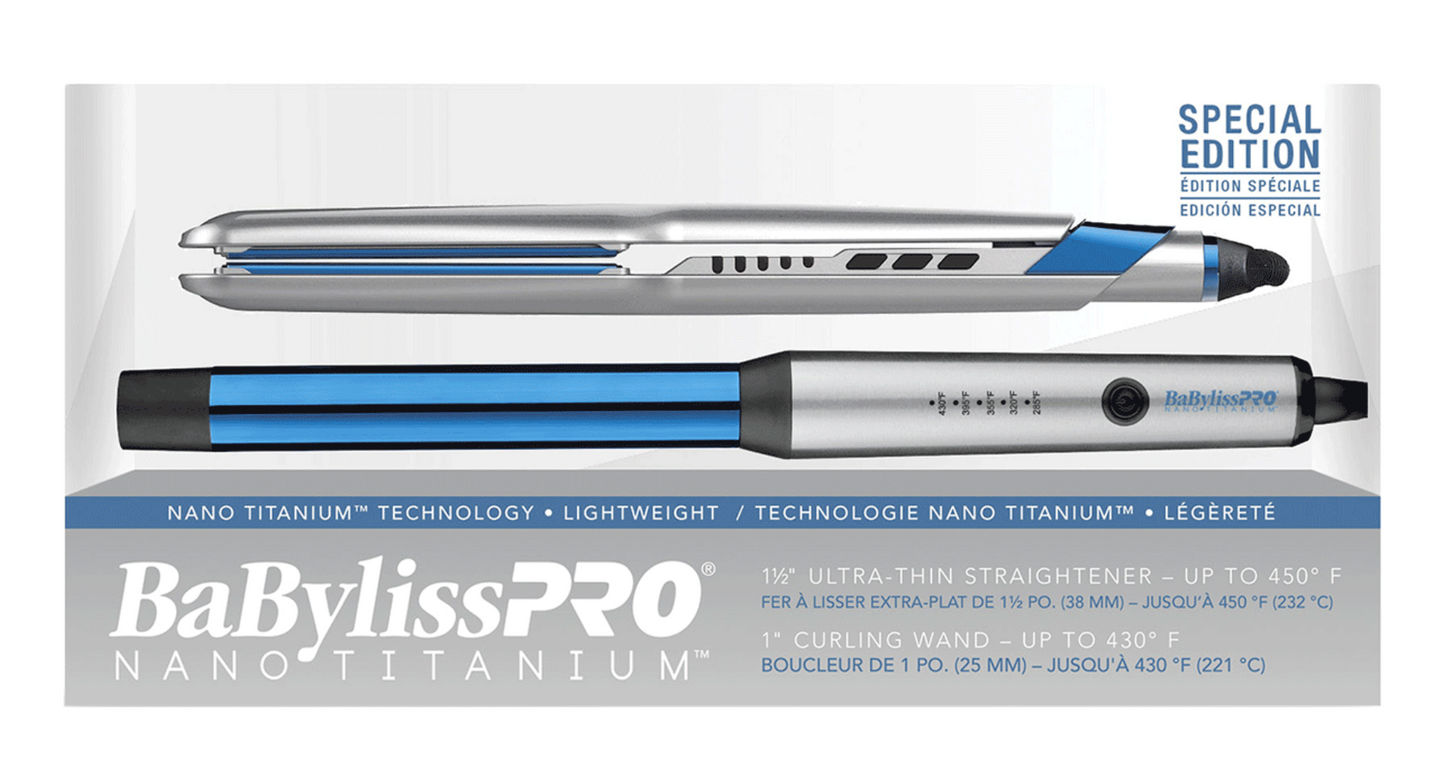 BabylissPro Nano Titanium Combo Ultra Thin 1 1/2" Flat Iron/ 1" Curling Wand[**]
