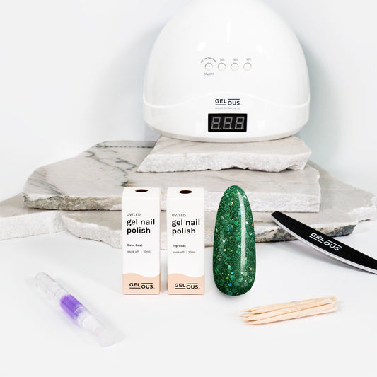 Gelous gel nail polish Green Tinsel Essentials Pack - photographed in New Zealand